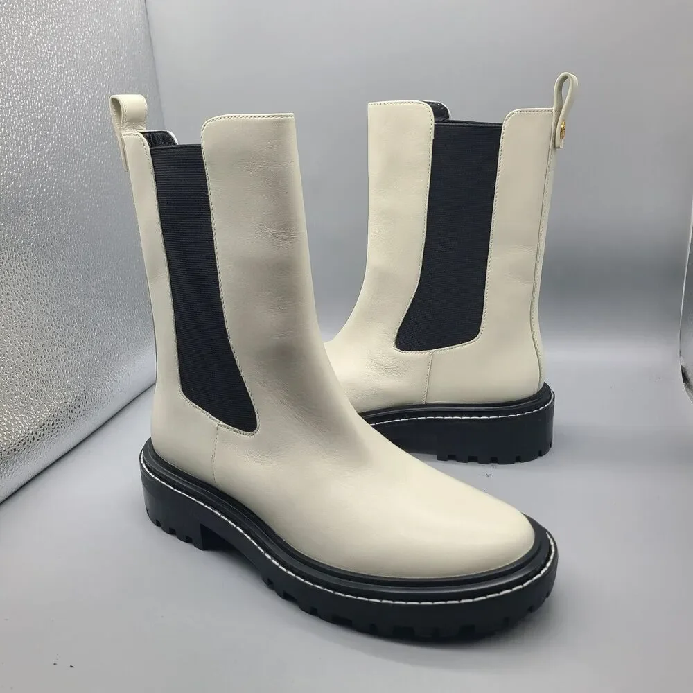 TORY BURCH Womens Benton Boots Pull On Chelsea Ivory Leather Midcalf sz 8.5 New